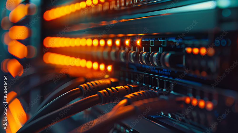 A close-up view of a network switch with multiple cables plugged in, showcasing the illuminated lights indicating active connections A close-up view of a network switch with multiple cables plugged in, showcasing the illuminated lights indicating active connections