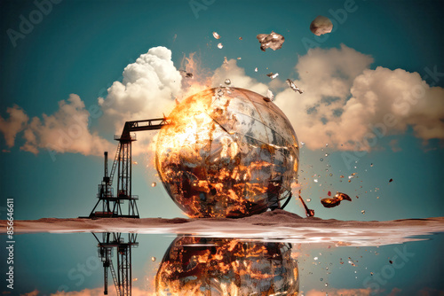 A burning globe, shattered by resource extraction, reflects in a pool of oil, symbolizing the ecological catastrophe we face photo