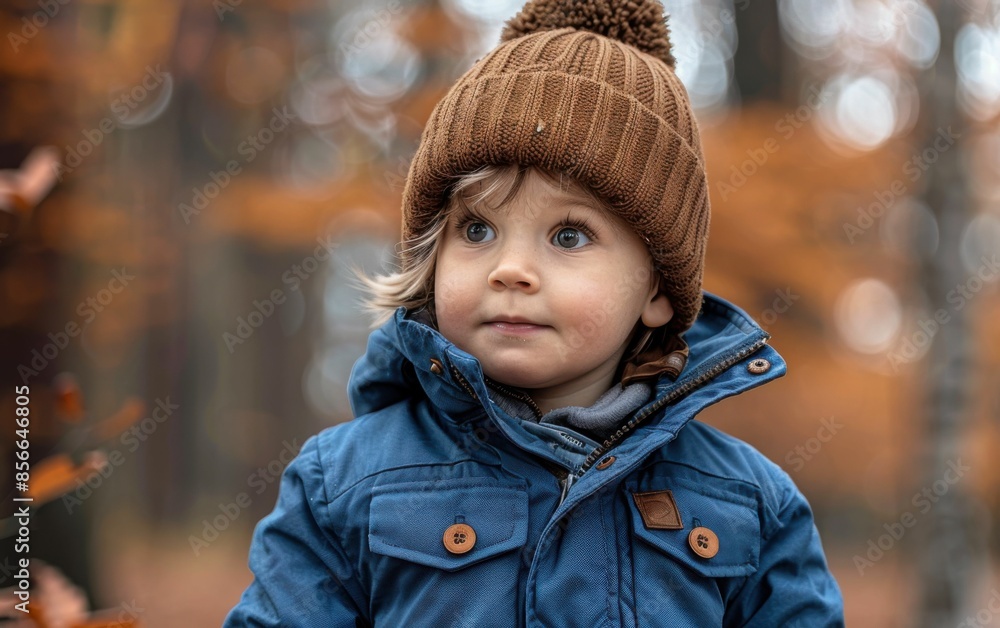 A young child wearing a blue jacket and a brown hat. The child is looking at the camera with a smile on his face A young child wearing a blue jacket and a brown hat. The child is looking at the camera with a smile on his face