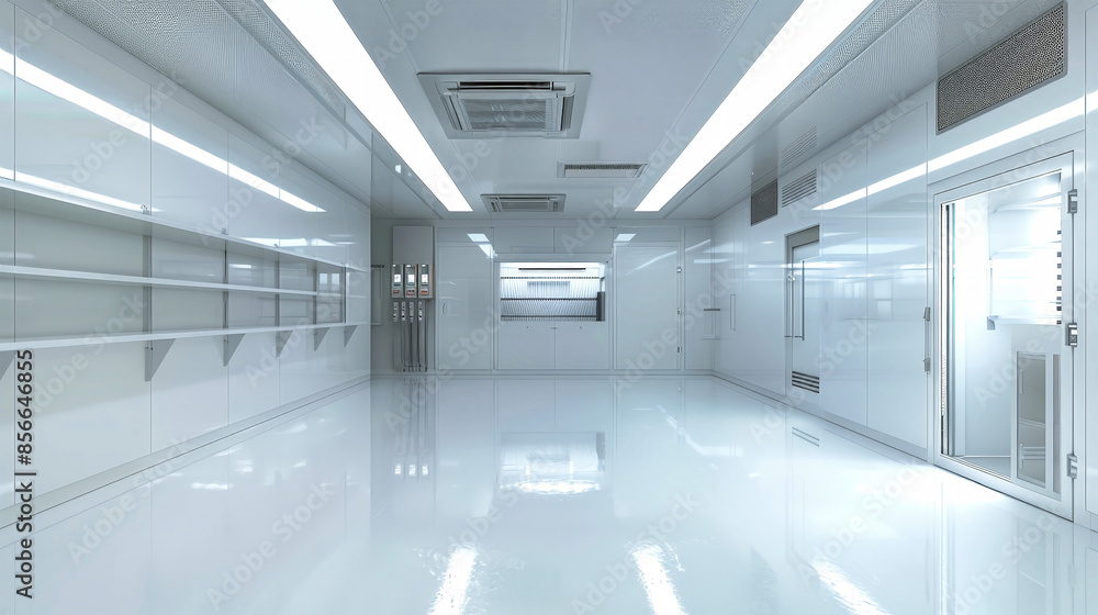 An empty industrial freezer room with white walls and a shiny floor An empty industrial freezer room with white walls and a shiny floor