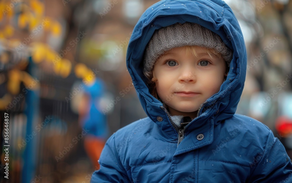A young child wearing a blue coat and a hat is smiling. The child is standing in front of a fence A young child wearing a blue coat and a hat is smiling. The child is standing in front of a fence