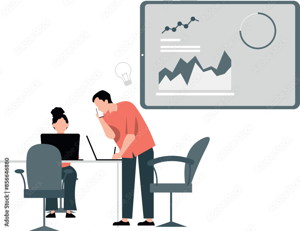 A boy and a girl are talking about a chart graph. A boy and a girl are talking about a chart graph.