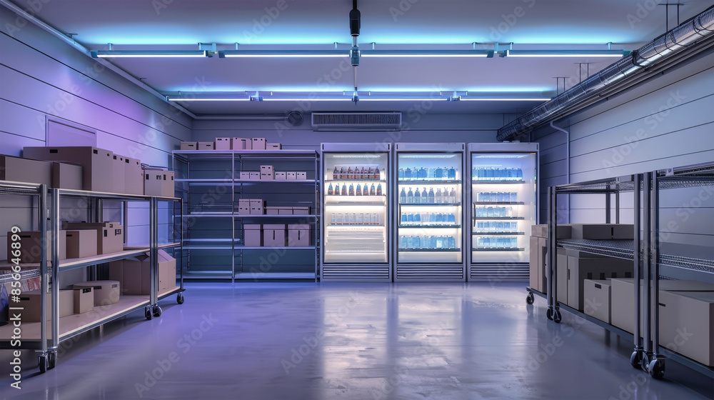 An industrial refrigerated room with two large freezers and steel shelving. The room is lit by neon lights, creating a futuristic ambiance An industrial refrigerated room with two large freezers and steel shelving. The room is lit by neon lights, creating a futuristic ambiance