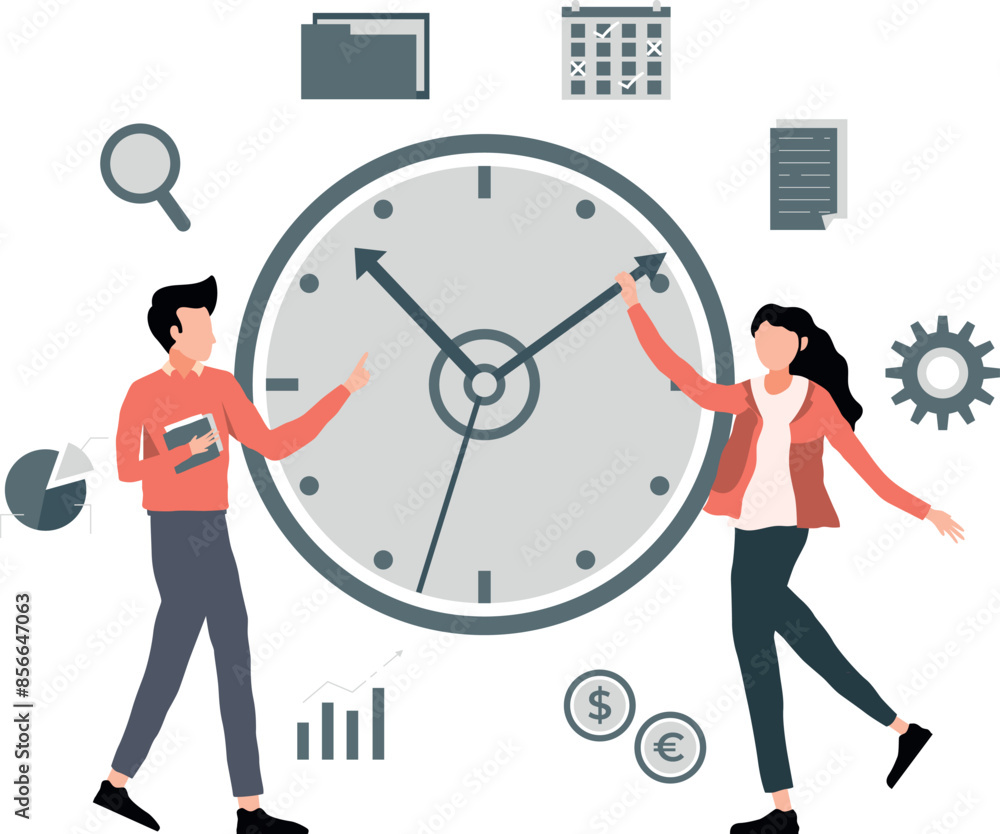 A boy and a girl are talking about time on the clock. A boy and a girl are talking about time on the clock.