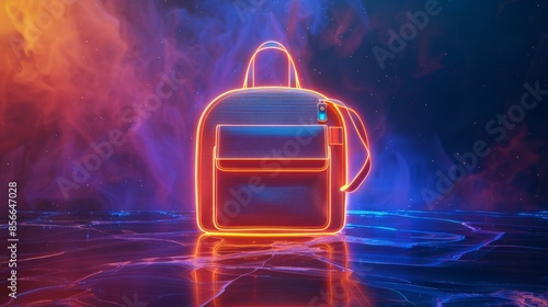 3D rendering of a school bag with a neon outline floating in an abstract setting suitable for digital presentations