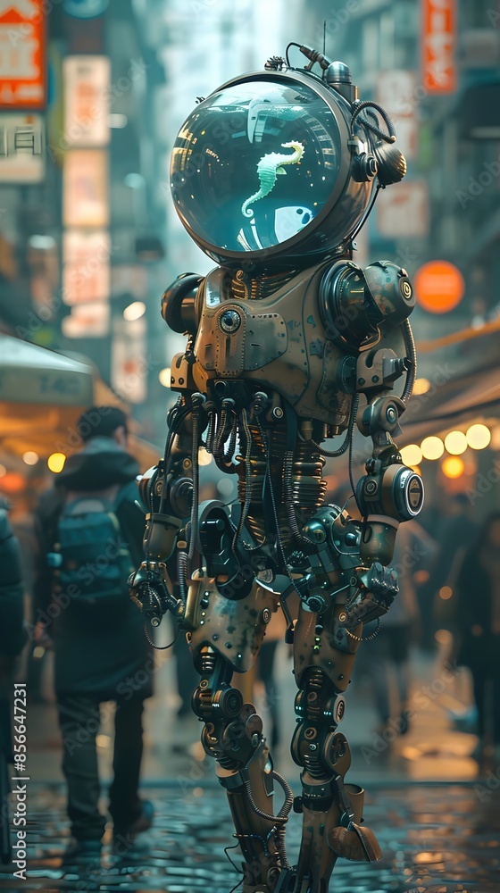Aquatic Robotic Entity with Captivating Aquarium-Dome Head Strides Through Bustling Retrofuturistic City Street Aquatic Robotic Entity with Captivating Aquarium-Dome Head Strides Through Bustling Retrofuturistic City Street