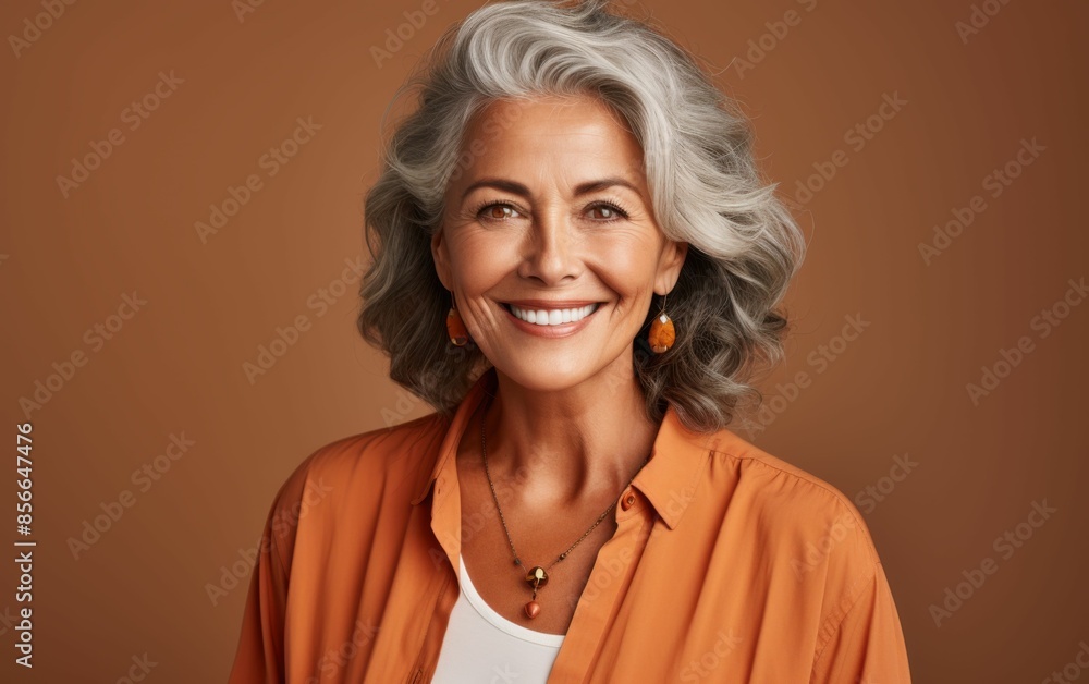 A woman with a necklace and earrings is smiling. She is wearing an orange shirt. The photo is in black and white A woman with a necklace and earrings is smiling. She is wearing an orange shirt. The photo is in black and white