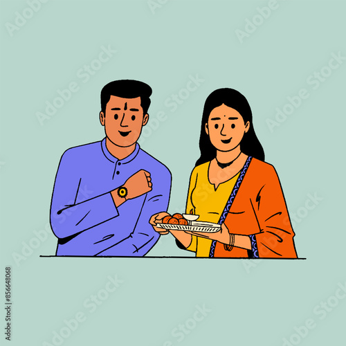 Brother and sister celebrating Raksha Bandhan festival vector illustration, Rakhi celebration in India festive vector illustration for social media, flyers and digital
