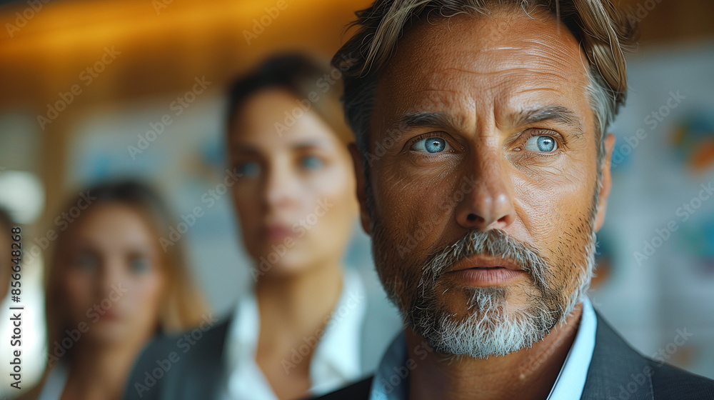 A man with a salt and pepper beard looks intently off-screen while a woman stands blurred in the background A man with a salt and pepper beard looks intently off-screen while a woman stands blurred in the background