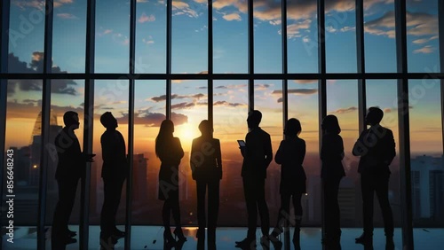 Silhouettes of business people having a meeting in a modern office with large windows overlooking a sunset, creating a dynamic and professional atmosphere.	