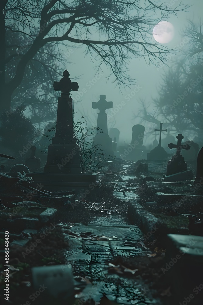Haunting Moonlit Graveyard:An Eerie,Cinematic Landscape of Tombstones and Mist Haunting Moonlit Graveyard:An Eerie,Cinematic Landscape of Tombstones and Mist