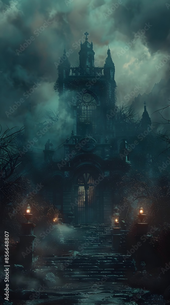 Ominous Gothic Manor Looming in the Darkness with Chiaroscuro Lighting and Atmospheric Ambiance Ominous Gothic Manor Looming in the Darkness with Chiaroscuro Lighting and Atmospheric Ambiance