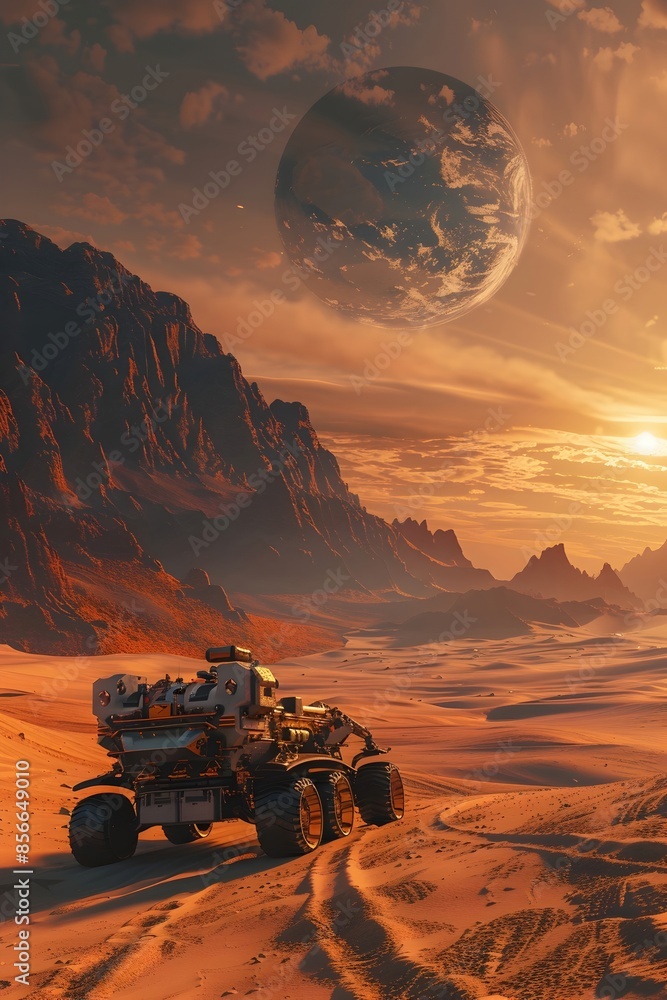 Robotic Rover Exploring Alien Desert Landscape on Distant Extraterrestrial Planet Robotic Rover Exploring Alien Desert Landscape on Distant Extraterrestrial Planet