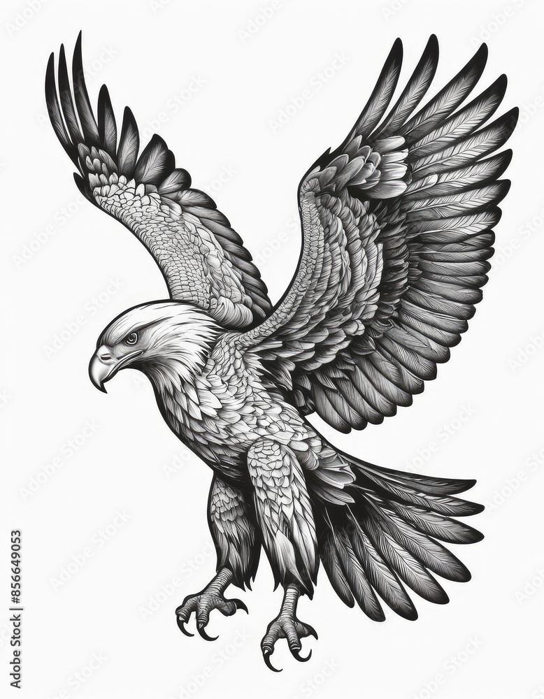 Obraz premium Tattoo design, A large wild bird eagle flies with outstretched wings. Black ink on a white background