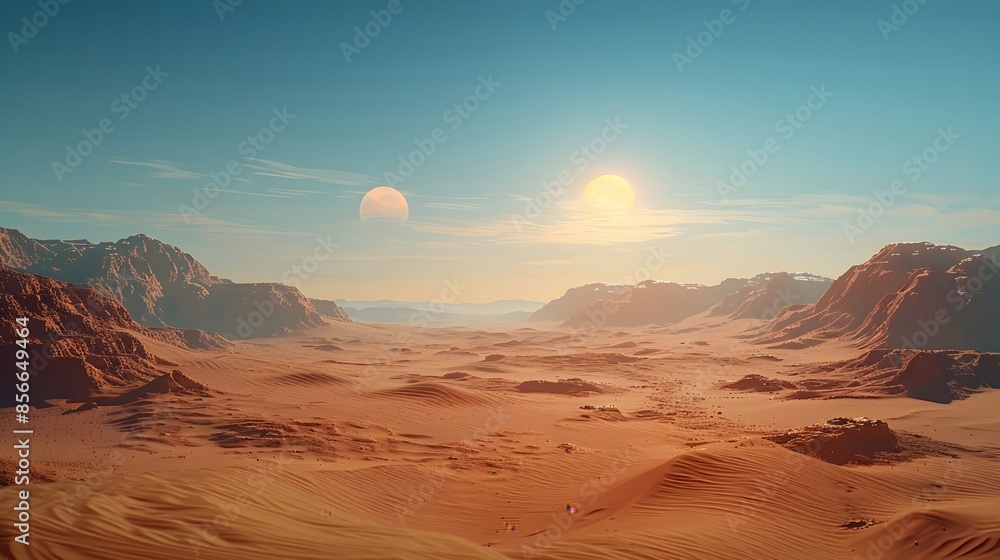 Fototapeta premium Vast Alien Desert Landscape with Towering Dunes and Lush Oasis,Cinematic Sci-Fi Scenery