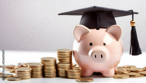 Close up of piggy bank wearing a graduation cap next to stacks of gold coins, isolated on white background with copy space area, education savings, student loans, and financial planning for college.