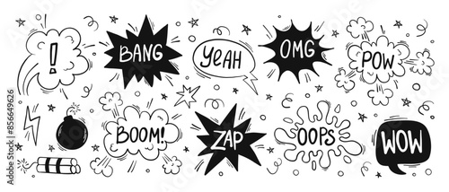 Hand drawn set of comics bombs and explosions. Speech bubbles with words pow, wow, bang and boom. Vector doodle illustration