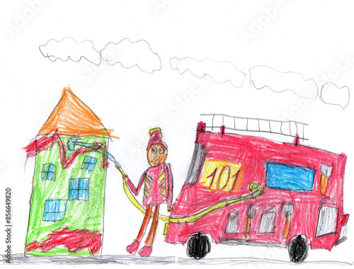 Childs drawing. Fireman extinguishing fire with fire hose. Pencil art in childish style