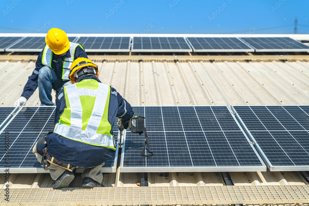 Worker Technicians are working to construct solar panels system on roof with sky and clound on background. Installing solar photovoltaic panel system. Renewable clean energy technology concept. Worker Technicians are working to construct solar panels system on roof with sky and clound on background. Installing solar photovoltaic panel system. Renewable clean energy technology concept.