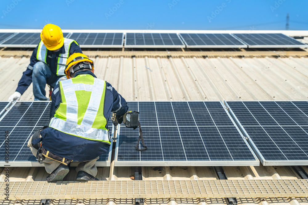 Worker Technicians are working to construct solar panels system on roof with sky and clound on background. Installing solar photovoltaic panel system. Renewable clean energy technology concept. Worker Technicians are working to construct solar panels system on roof with sky and clound on background. Installing solar photovoltaic panel system. Renewable clean energy technology concept.