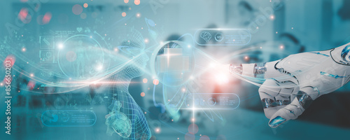 Concept Futuristic medical and Science, innovation for people, robotic hand touch connect to AI system, robot learn control from network, Artificial intelligence deep learning, illustration design.
