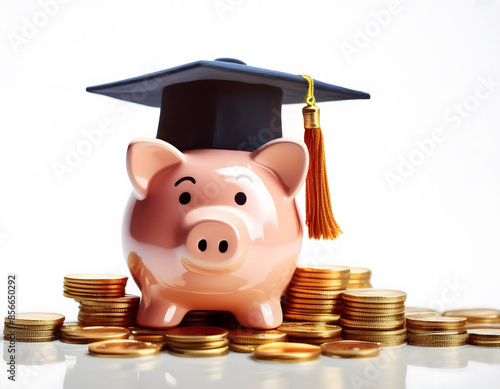 Close up of piggy bank wearing a graduation cap next to stacks of gold coins, isolated on white background with copy space area, education savings, student loans, and financial planning for college.