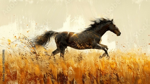 Horse Running in Autumn Field, Digital Art Print photo