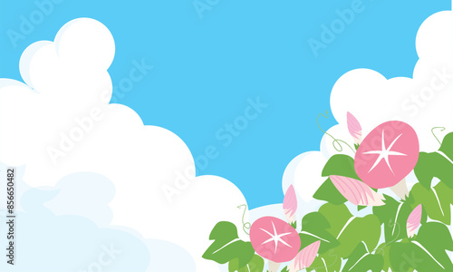 入道雲のある青空とピンクの朝顔の花の背景イラスト素材
