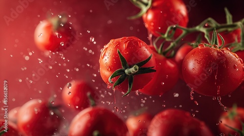 tomatoes flying in the air with red background