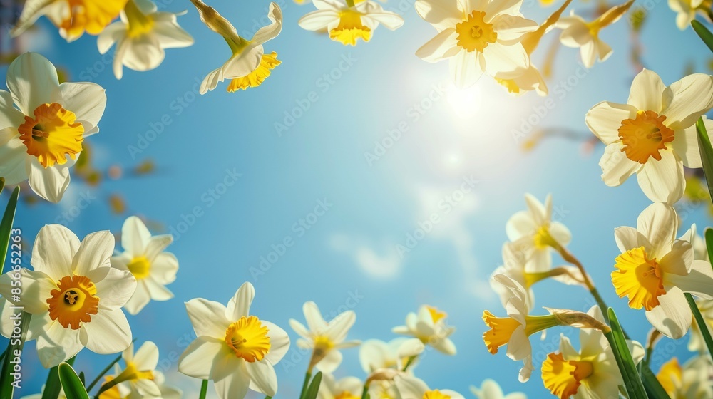 narcissus flowers frame with sky background copy space for text narcissus flowers frame with sky background copy space for text