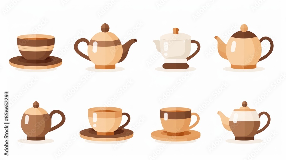 Obraz premium Collection of Teacups and Teapots in Cartoon Style