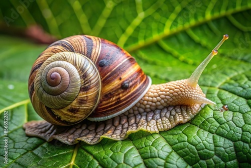 snail eat green leaf close up. garden pest