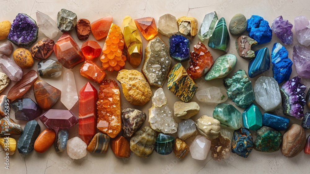 A diverse set of vibrant gemstones and natural minerals laid out in a visually appealing arrangement against a simple, neutral background. This collection highlights the use of crystals for energy A diverse set of vibrant gemstones and natural minerals laid out in a visually appealing arrangement against a simple, neutral background. This collection highlights the use of crystals for energy
