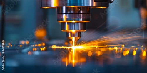 Metal being processed by an industrial CNC milling machine with a laser in motion blur. Concept Industrial Machinery, Laser Technology, Metal Processing, CNC Milling, Motion Blur