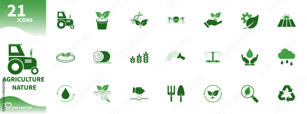 Icon of agriculture and green nature. Set of icons for tractors, watering, agricultural drones, fields, trees. Solid vector icons. Icon of agriculture and green nature. Set of icons for tractors, watering, agricultural drones, fields, trees. Solid vector icons.