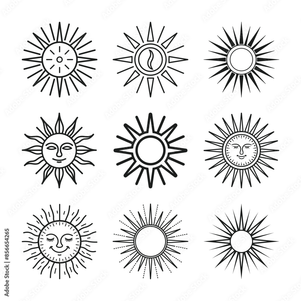 A bundle of line art sun design vector icon style A bundle of line art sun design vector icon style