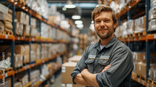 portrait of a Caucasian employee of a logistics center against the background of shelves with boxes of products and parcels