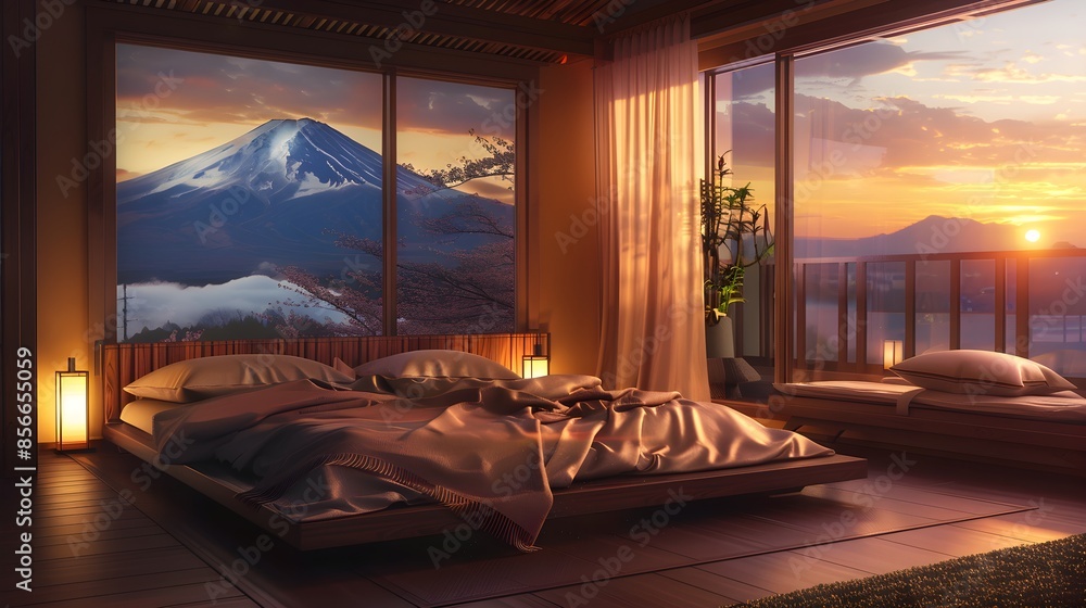 Fototapeta premium Japanese style bed room, Mt Fuji landscape scenic lake view background. Modern luxury architecture interior, 3d romantic bedroom with zen style furniture. Resort hotel holiday maker travel to Asia.