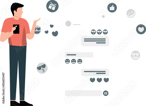 Boy is sending emojis on mobile.