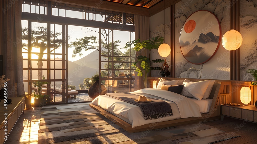 Japanese style bed room, Mt Fuji landscape scenic lake view background. Modern luxury architecture interior, 3d romantic bedroom with zen style furniture. Resort hotel holiday maker travel to Asia. Japanese style bed room, Mt Fuji landscape scenic lake view background. Modern luxury architecture interior, 3d romantic bedroom with zen style furniture. Resort hotel holiday maker travel to Asia.