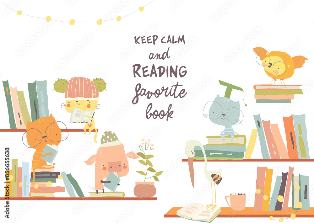 Cute Cartoon Animals sitting on Stacks and reading Books. Vector Illustration Cute Cartoon Animals sitting on Stacks and reading Books. Vector Illustration