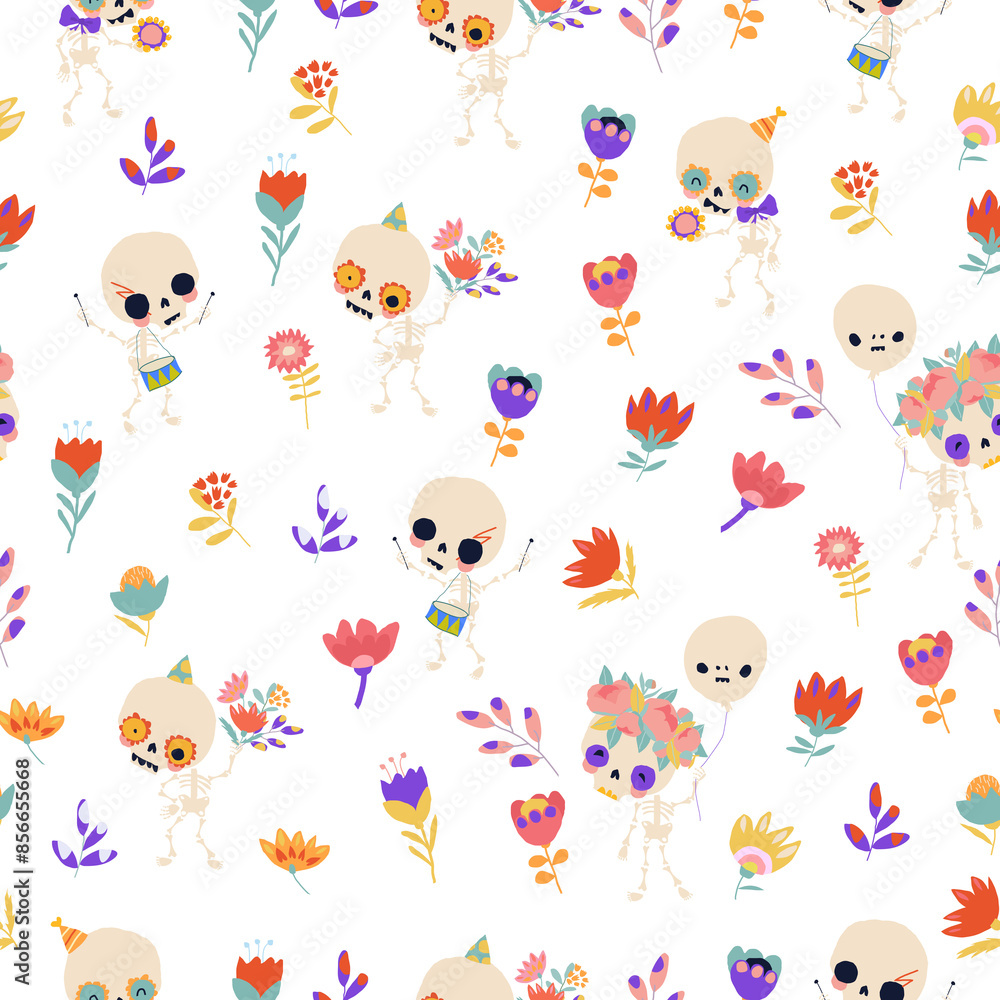 Vector Seamless Pattern with Skeletons and Flowers. Happy Crazy Halloween Vector Seamless Pattern with Skeletons and Flowers. Happy Crazy Halloween