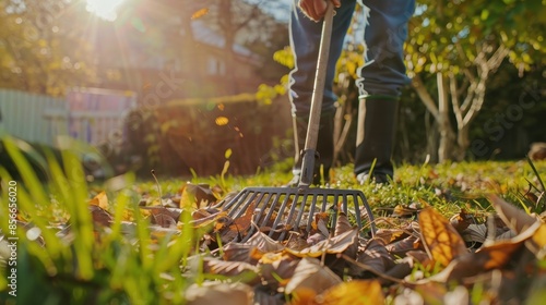 A close-up of a rake gathering autumn leaves in a sunlit garden, highlighting the seasonal task of yard work and outdoor maintenance. photo