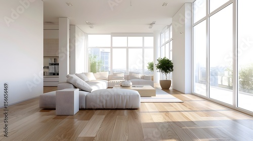 A minimalist,vacant apartment featuring a wide living room with sleek wooden flooring,large windows for ample natural lighting,and a pristine white color scheme that gives a spacious and airy feel.