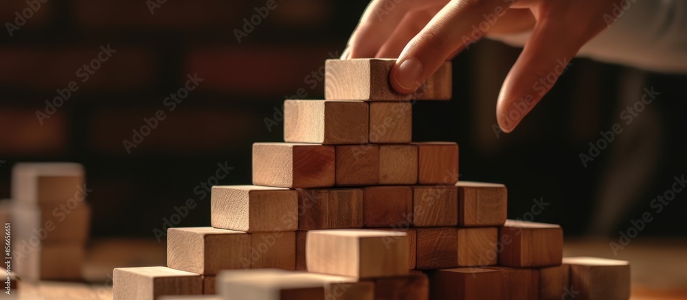 Hands arranging a stack of wooden blocks as a step ladder with an upward arrow, business growth success concept Hands arranging a stack of wooden blocks as a step ladder with an upward arrow, business growth success concept