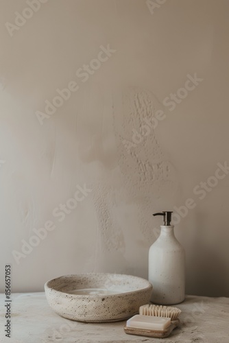 Photo of a ceramic bowl with soap, a dish, and a loofah on the table next to an elegant hand wash bottle against a light beige background. A minimalist natural setting with soft lighting, a neutral co