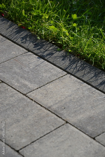 Brick pavement cobblestone footpath with grass lawn