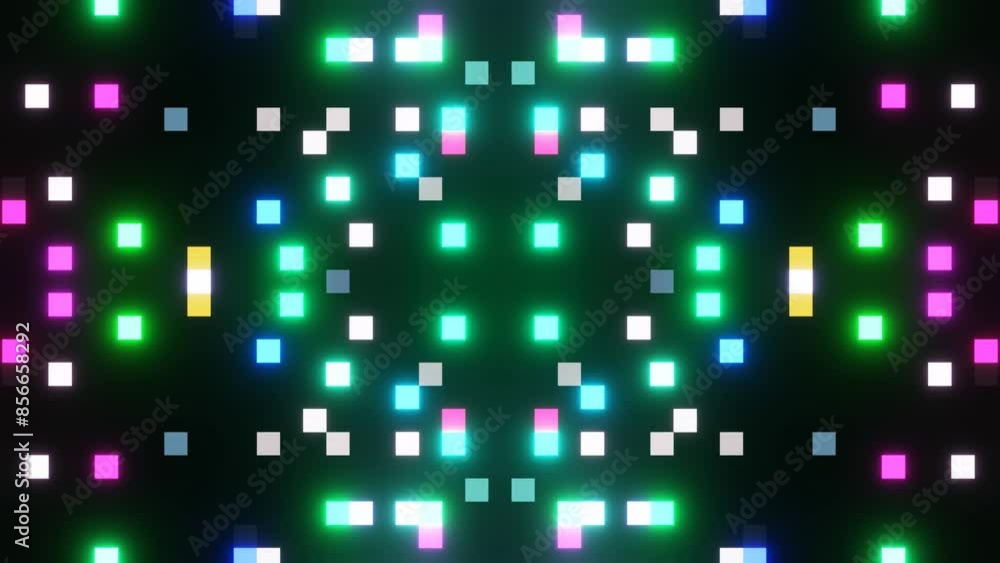 A mesmerizing animation of colorful, glowing pixelated lights dancing to a catchy beat, creating a vibrant abstract background. 3D music animation graphic. A mesmerizing animation of colorful, glowing pixelated lights dancing to a catchy beat, creating a vibrant abstract background. 3D music animation graphic.