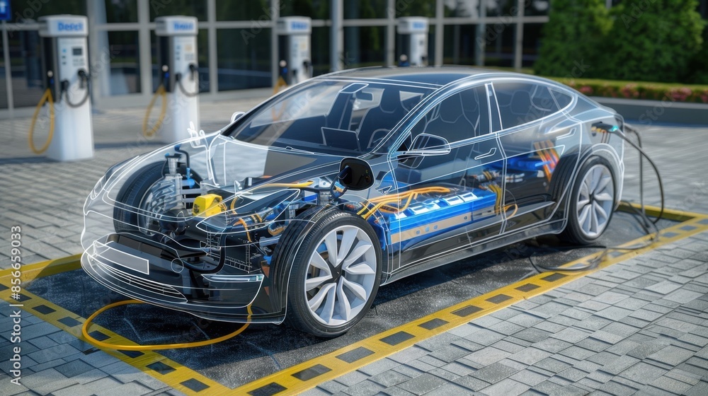 An electric vehicle charges at a station, with a transparent overlay revealing intricate internal components and wiring, showcasing advanced electric car technology.
An electric vehicle charges at a station, with a transparent overlay revealing intricate internal components and wiring, showcasing advanced electric car technology.