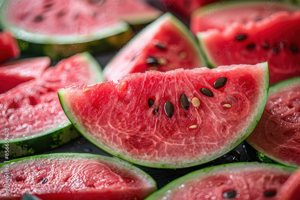 A close-up of a juicy watermelon sliced in half, showcasing its bright red flesh and black seeds, surrounded by watermelon slices. A close-up of a juicy watermelon sliced in half, showcasing its bright red flesh and black seeds, surrounded by watermelon slices.